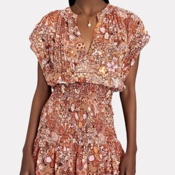 A.L.C. Carly Smocked Print Silk Mini Dress, Size 2 - Picture 6 of 14